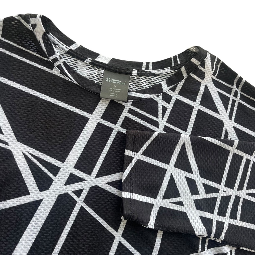 Sports Illustrated Womens L Black White Geometric Mesh Long Sl Crop Top Athletic